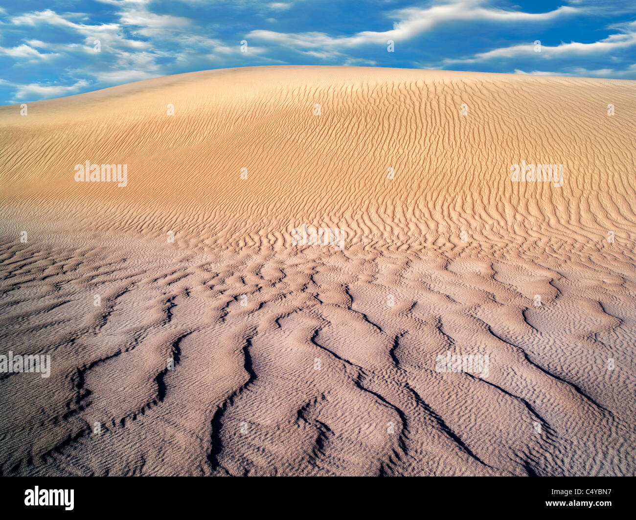 Vento da ondulazioni in dune di sabbia. Parco Nazionale della Valle della Morte, California. Il cielo è stato aggiunto Foto Stock