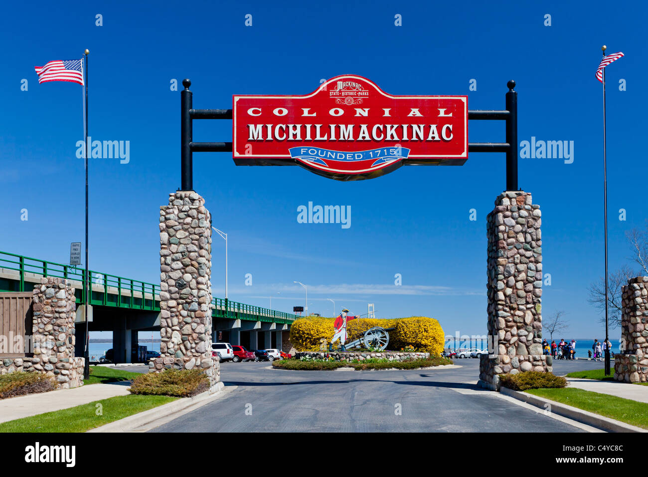 Mackinac coloniale di segno e parco in Mackinaw City, Michigan, Stati Uniti d'America. Foto Stock