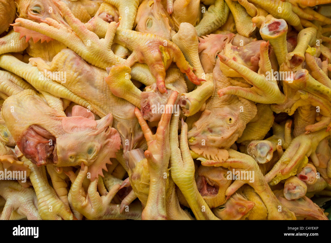 Teste di pollo e i piedi in un mercato a cielo aperto in Otavalo Ecuador America del Sud Foto Stock