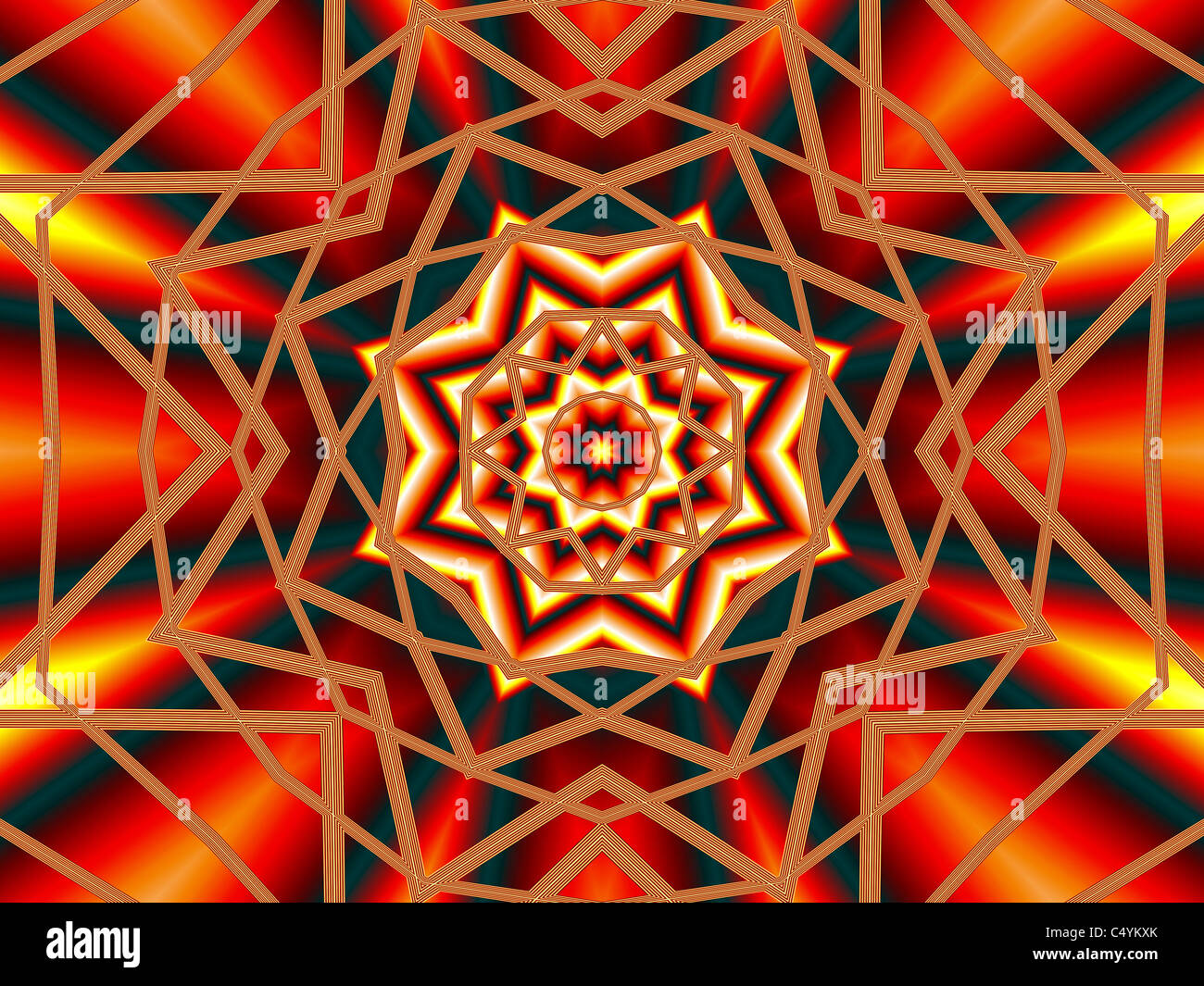 Un colore Arancio Caleidoscopio pattern creato utilizzando il programma ChaosPro Foto Stock