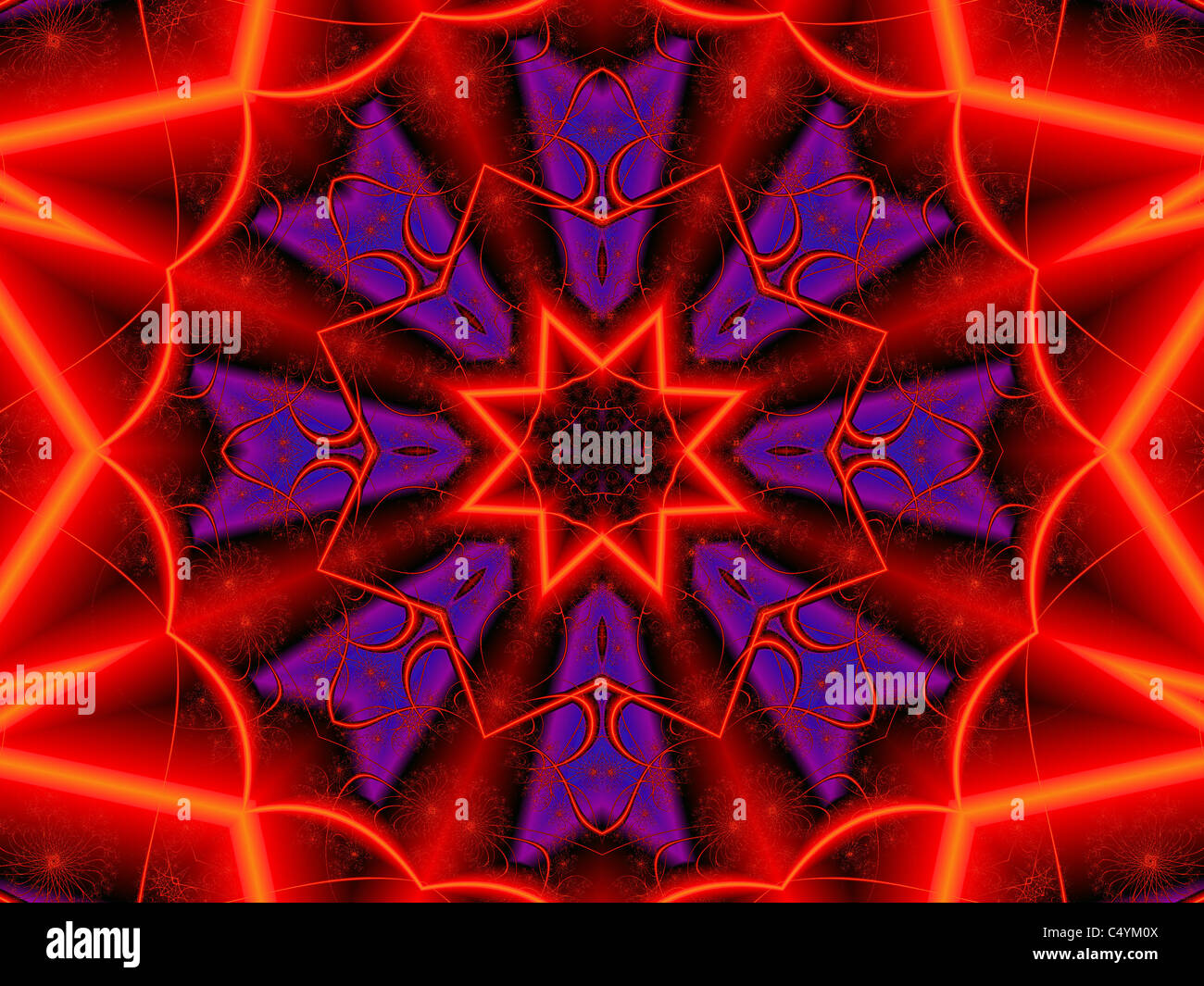Un rosso e viola Caleidoscopio stella creato utilizzando il programma ChaosPro Foto Stock