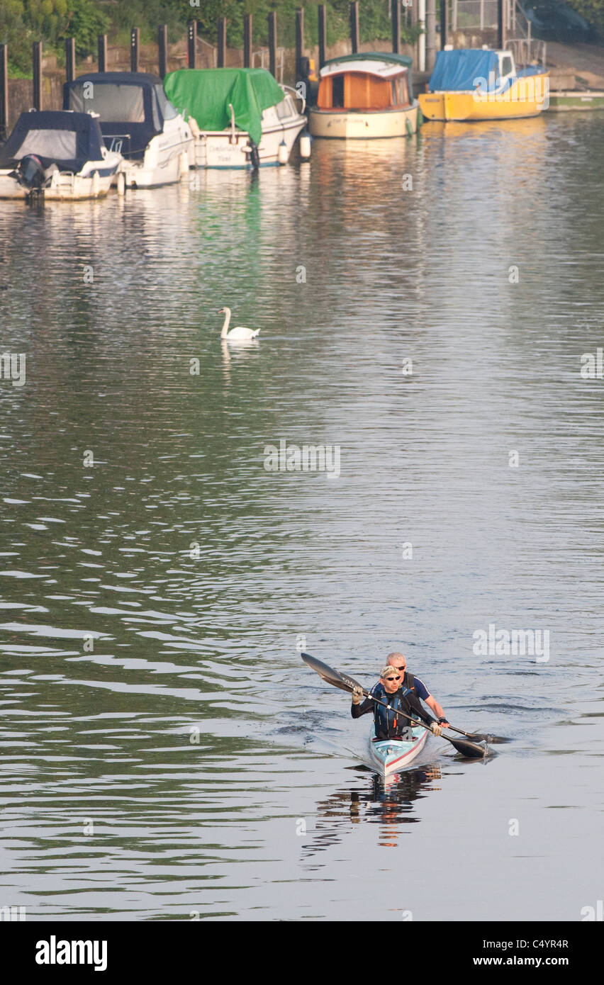La mattina presto, canoisti sul Fiume Tamigi a Teddington durante l annuale Devizes per Westminster internazionale gara di canoa Foto Stock