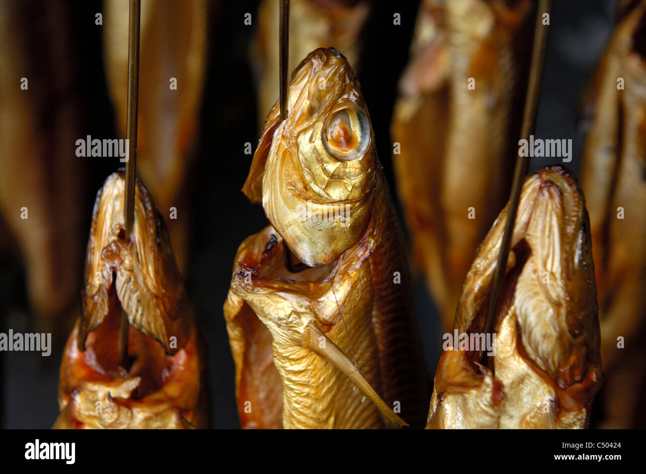 Trote affumicate appesa al gancio in una camera di fumo, Fuschl, Austria Foto Stock