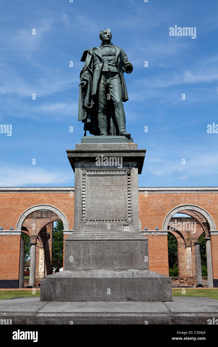 Statua di miniera proprietario e fondatore Henri de Gorge, Le Grand Hornu, Hornu, Belgio, Europa; Foto Stock