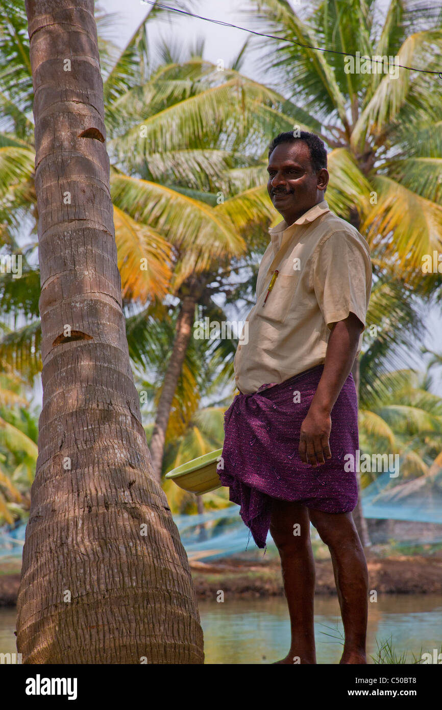 Un lavoratore in una piantagione di gamberetti nelle backwaters di Quilon, Kerala, India. Foto Stock