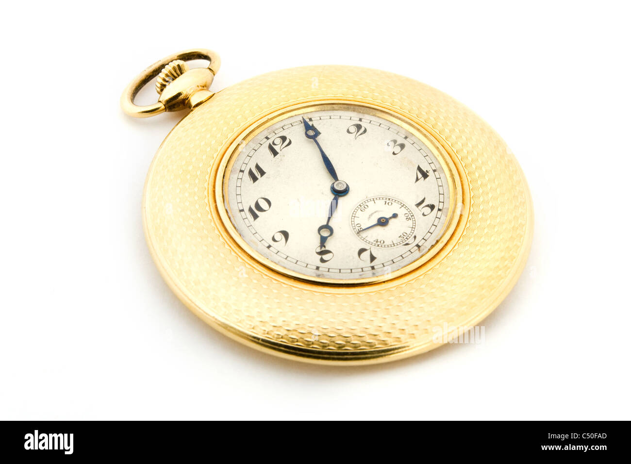 Gold pocket watch isolato su bianco Foto Stock