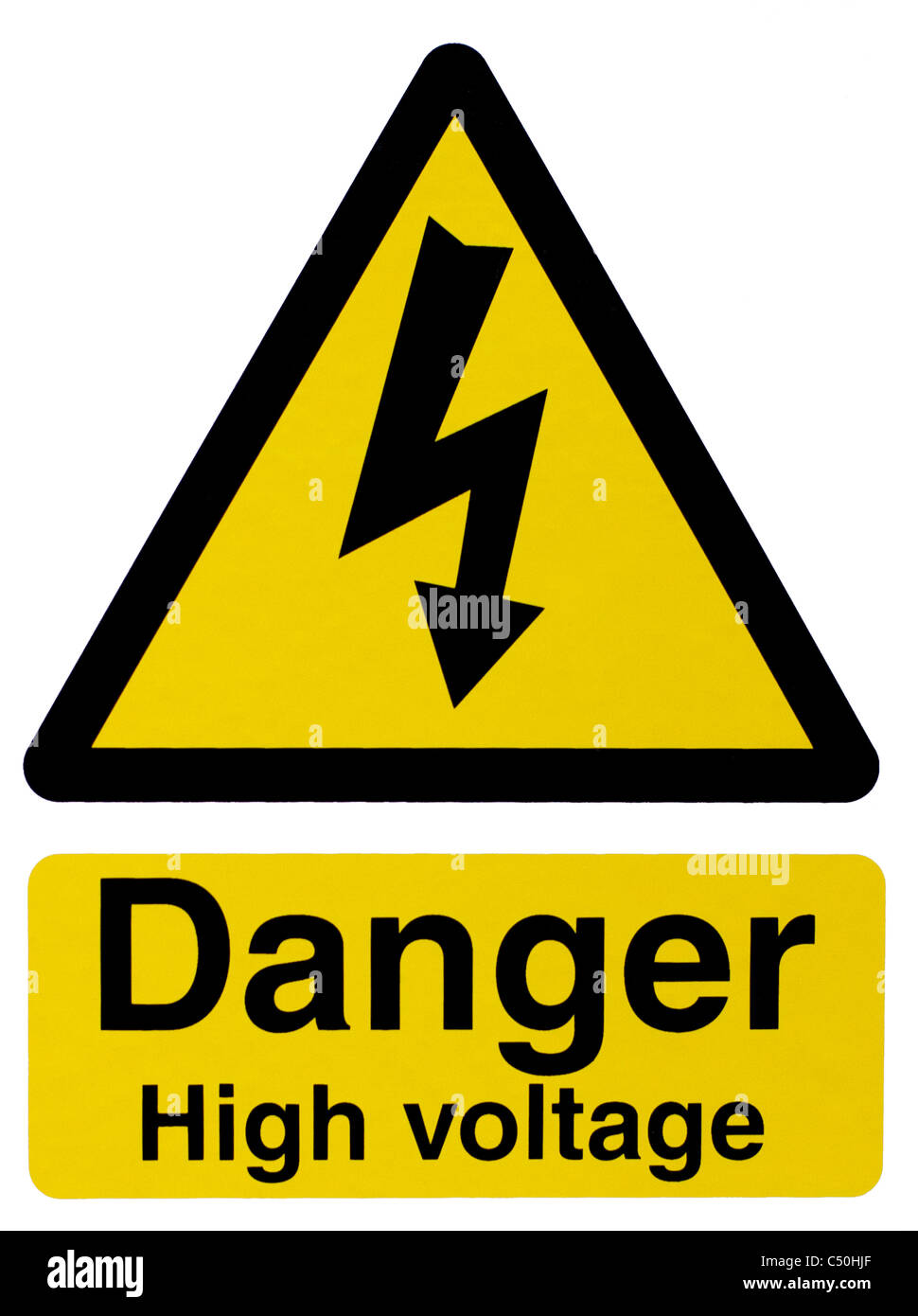 Pericolo alta tensione firmare con il simbolo del fulmine Foto Stock
