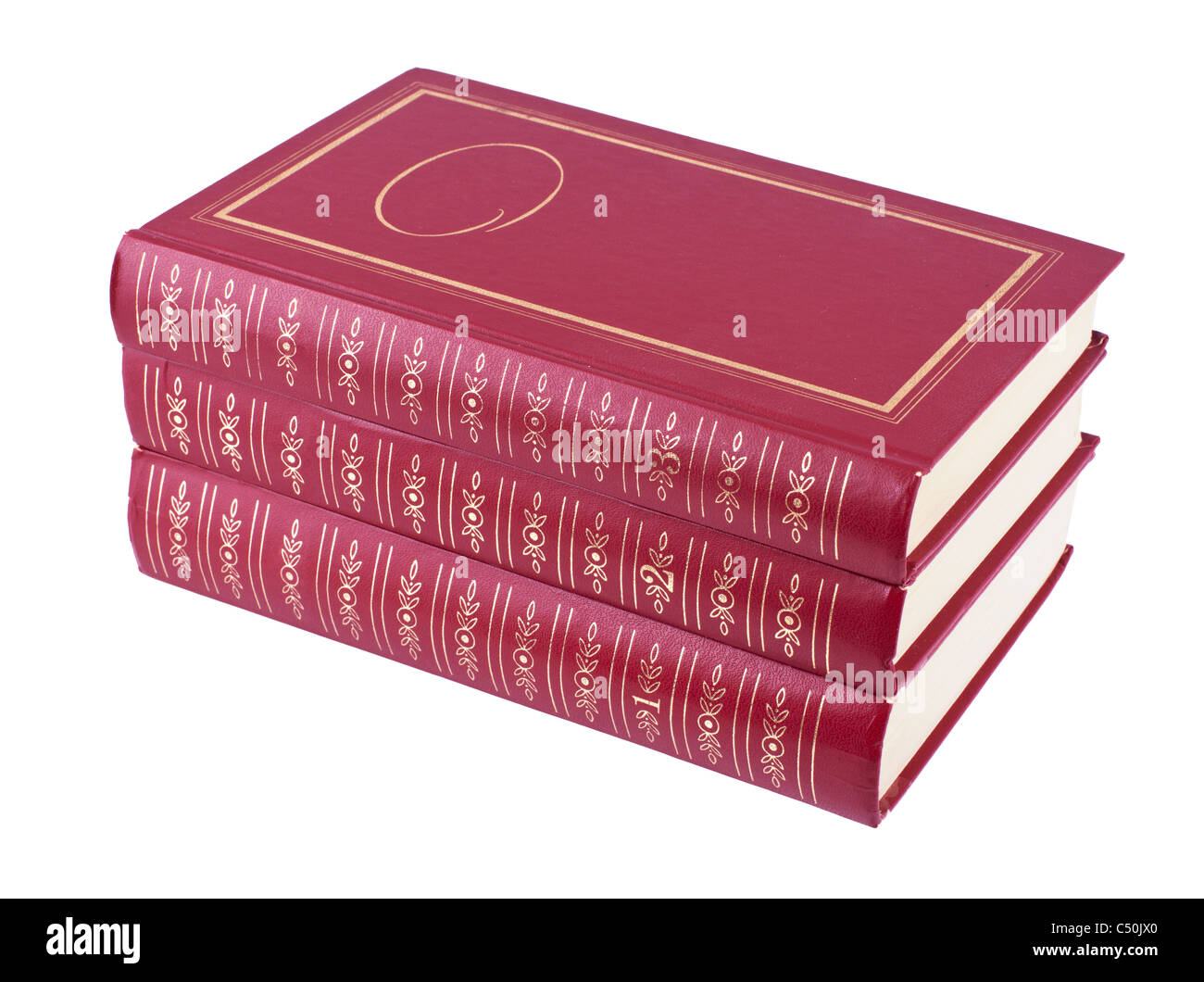 Pila orizzontale di tre libri di rosso Foto Stock