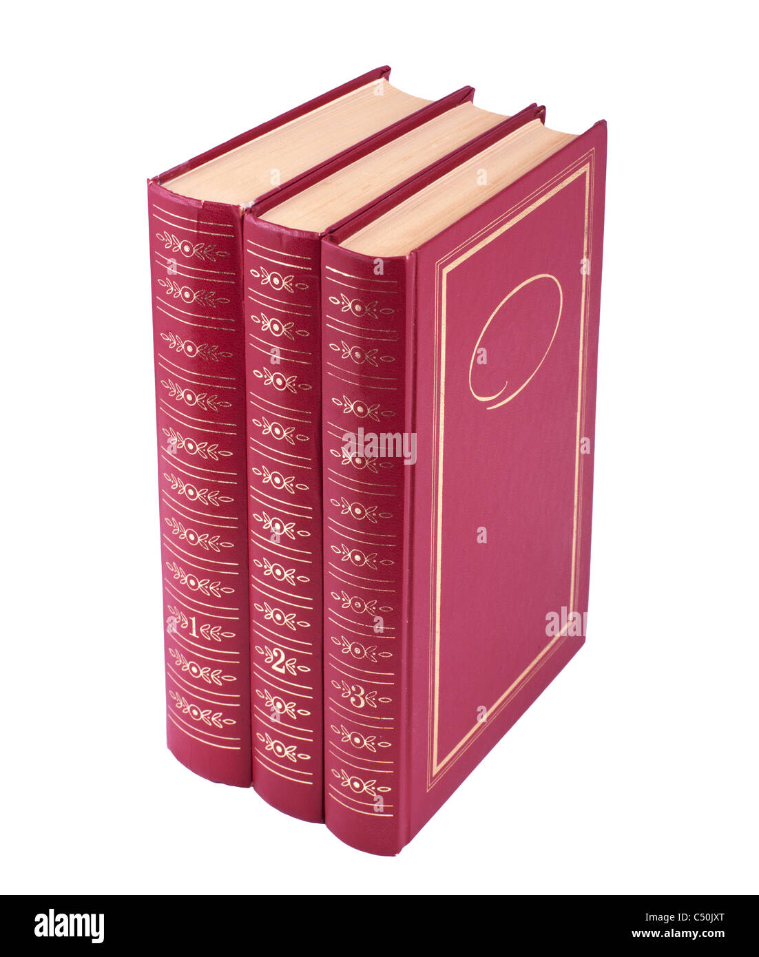 La pila verticale di tre libri rosso isolato su sfondo bianco. Trilogy Foto Stock