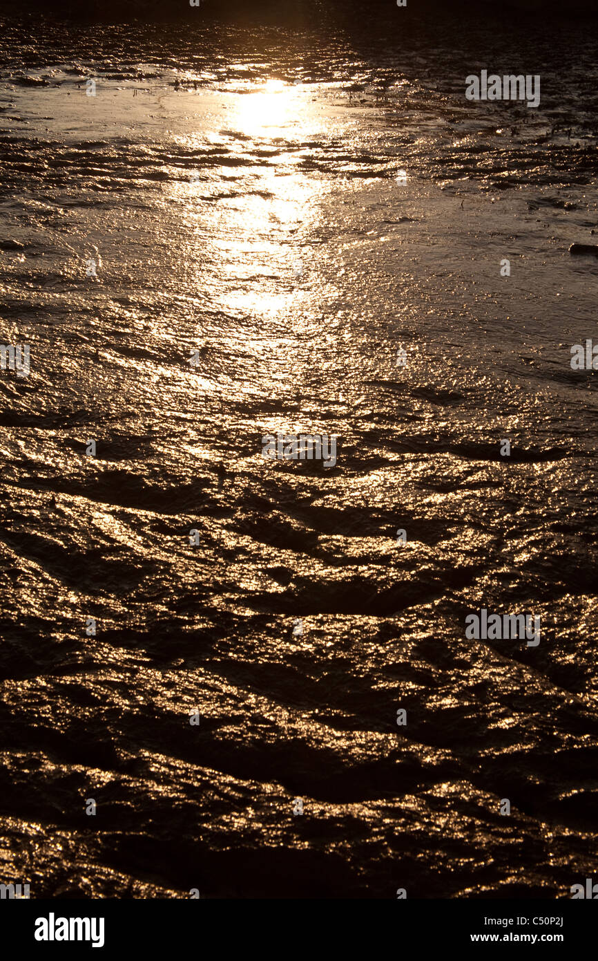 Tramonto riflesso nel fango,area di mercato presso il festival di Glastonbury 2011. Foto Stock