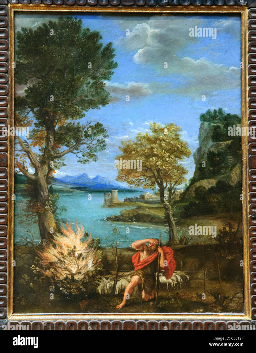 Paesaggio con Mosè e il roveto ardente, 1610-16, dal Domenichino, Foto Stock