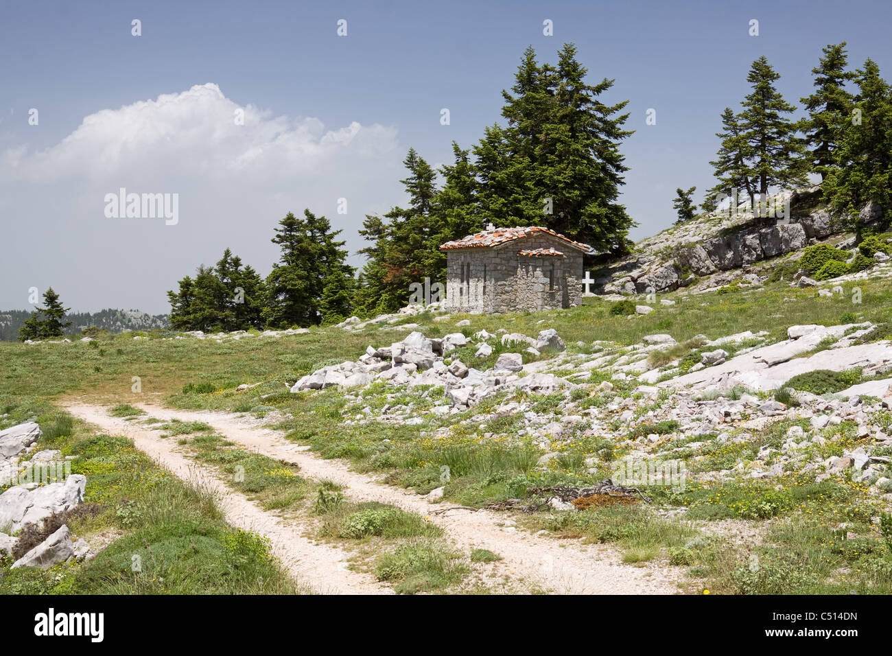 Una piccola vecchia chiesa di pietra sul monte Parnassos, Grecia centrale Foto Stock