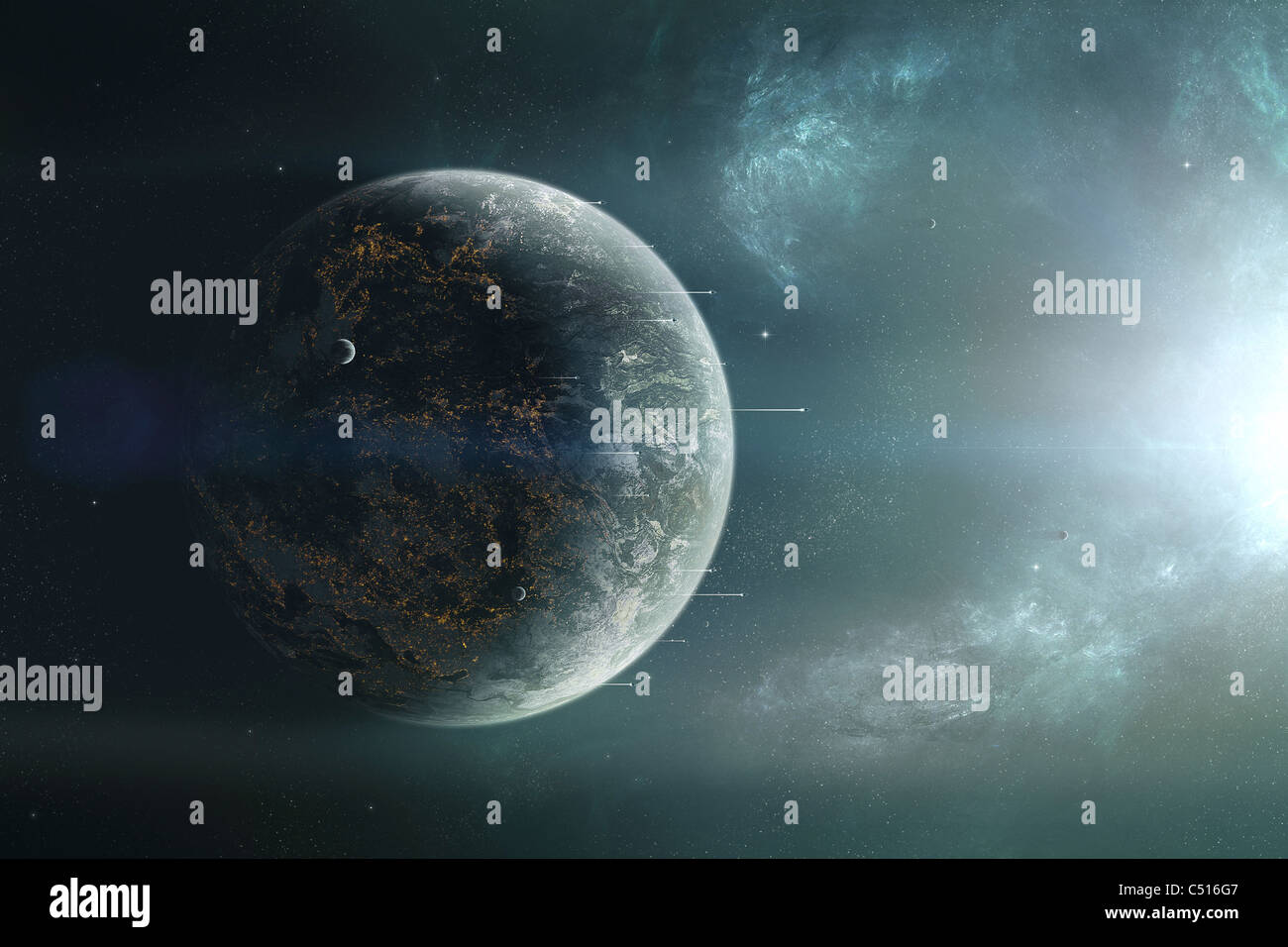 Flotta di colonizzazione di navi in partenza per un viaggio di scoperta in un paese limitrofo di sistema solare. Foto Stock