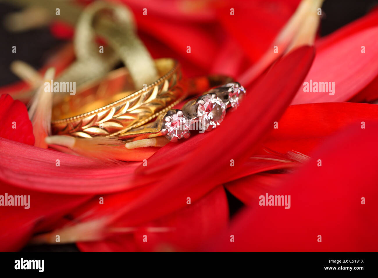 Il diamante anello di fidanzamento con oro wedding band fra petali di colore rosso Foto Stock
