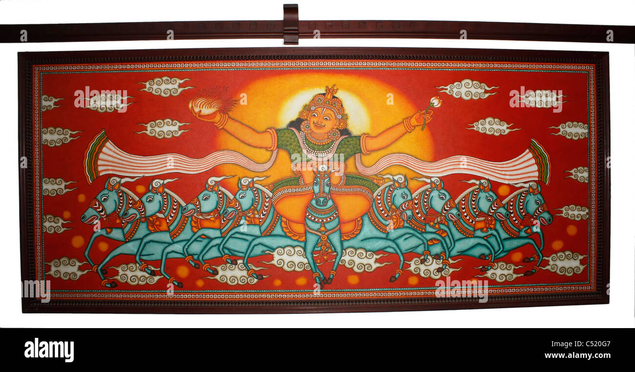 La verniciatura degli Indù dio sole 'Surya' a cavallo di un carro di nove cavalli (rappresenta nove pianeti) Foto Stock
