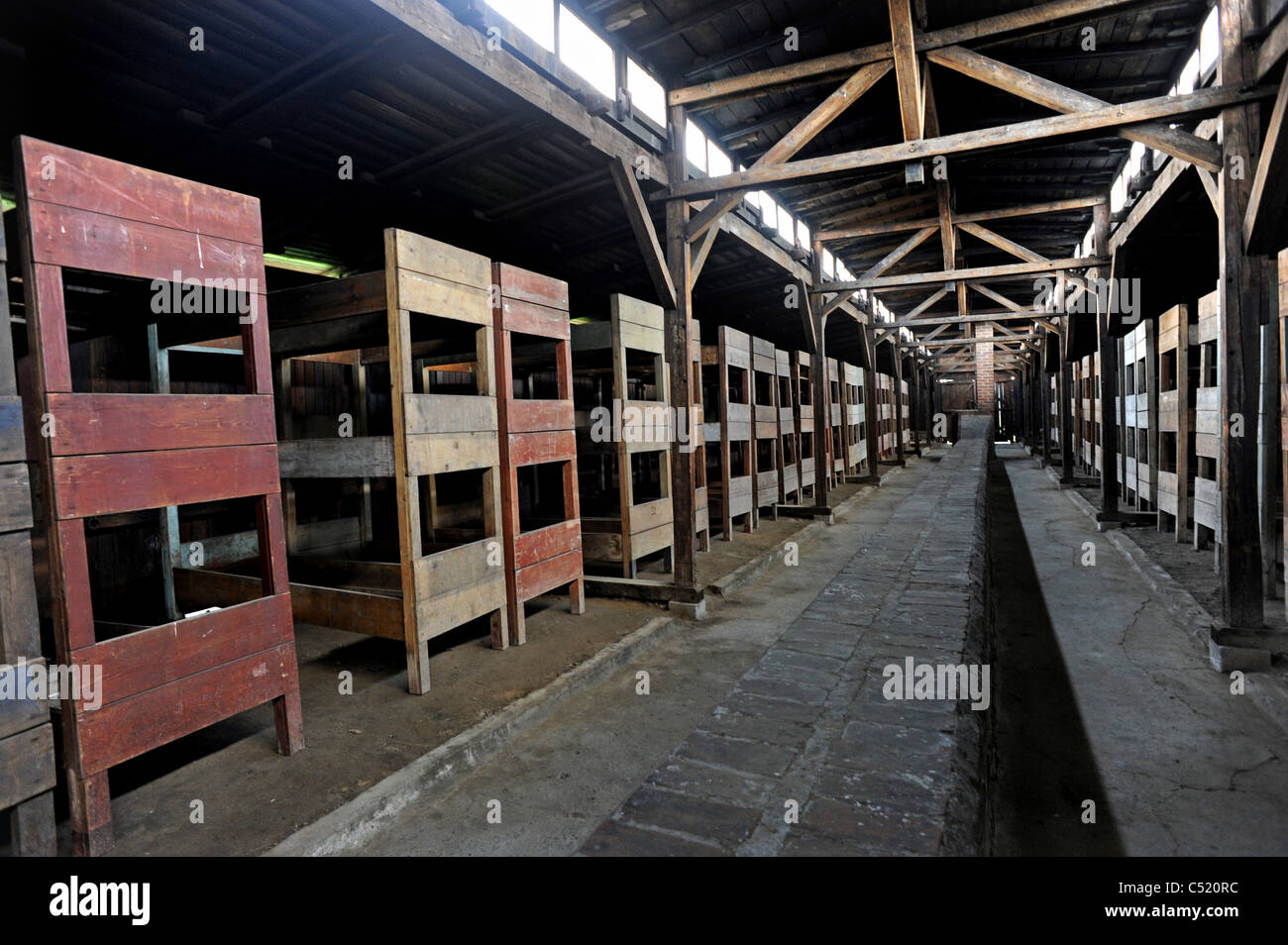 II di Auschwitz Birkenau ex campo di concentramento e ora un museo di stato - In legno di cuccette per i prigionieri all'interno di una capanna conservati Foto Stock