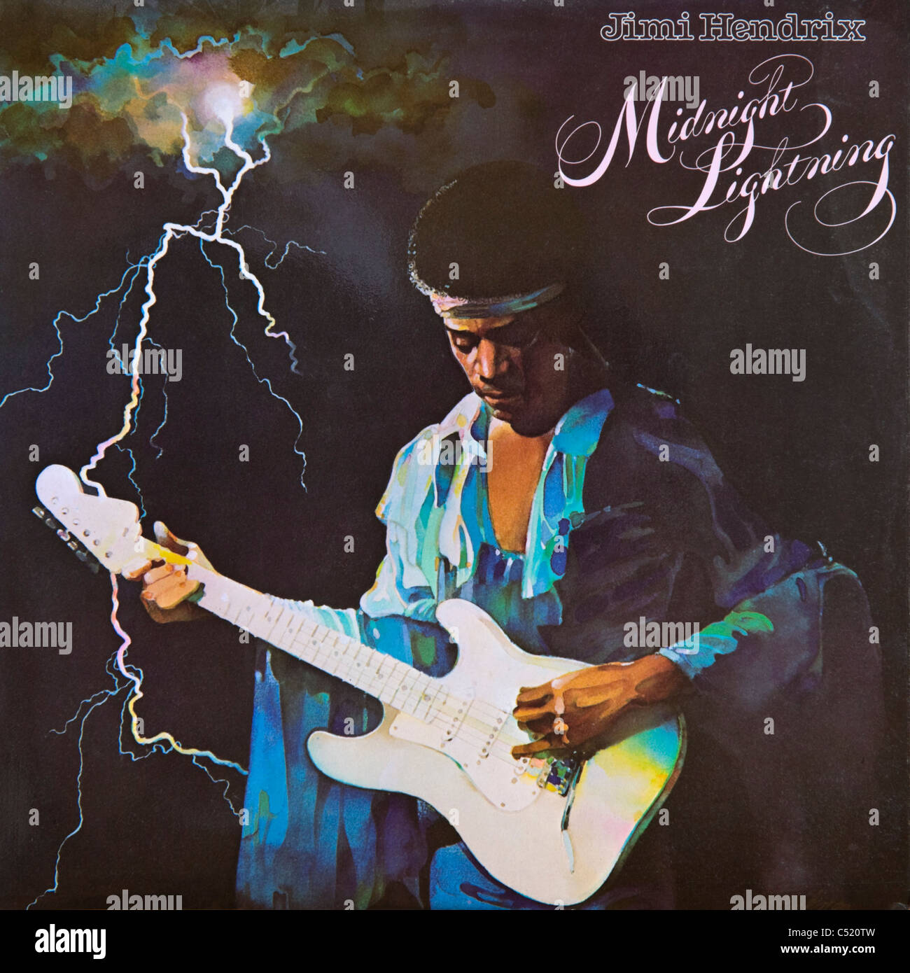 Copertina di album in vinile di Midnight Lightning di Jimi Hendrix rilasciato 1975 sulla critica Polydor Records Foto Stock