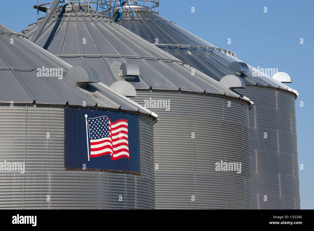 Contenitori del cereale con bandiera americana lungo il fiume Bluffs Scenic Byway, Clayton County, Iowa Foto Stock