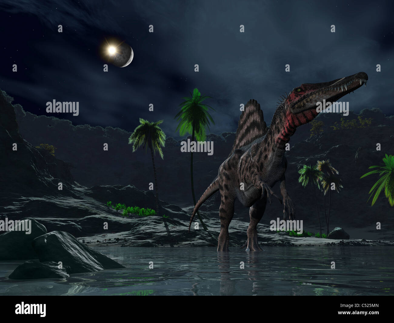 Un asteroide impatto sulla luna mentre un Spinosaurus wanders in primo piano. Foto Stock