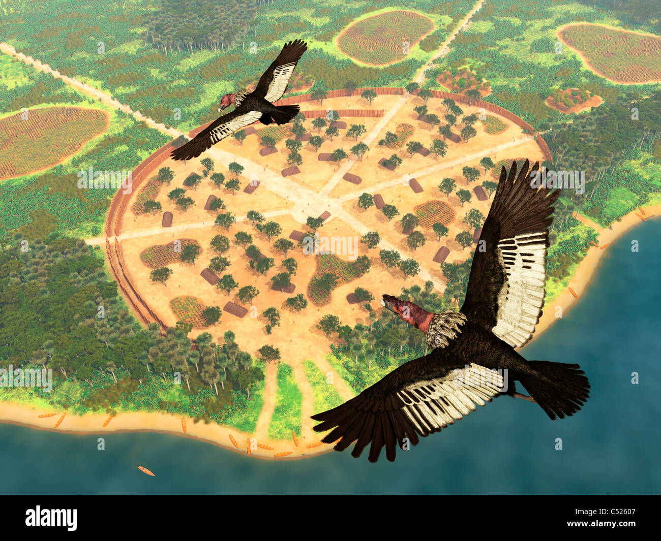 Una coppia di condor andino sorvolare un villaggio amazzonico. Foto Stock