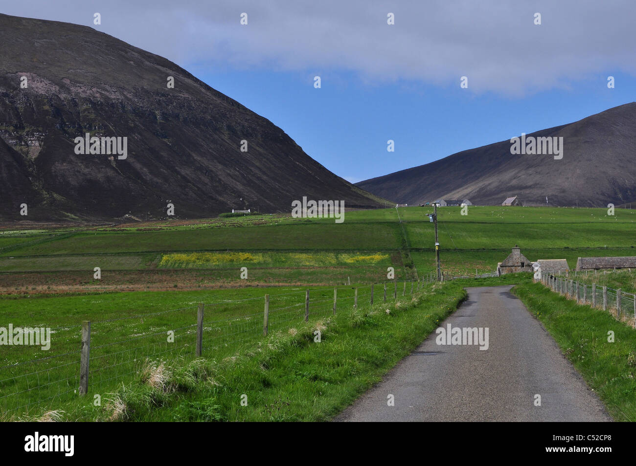 Il Ward Hill e strada rurale, l'isola di Hoy, isole Orcadi, Scozia. Foto Stock