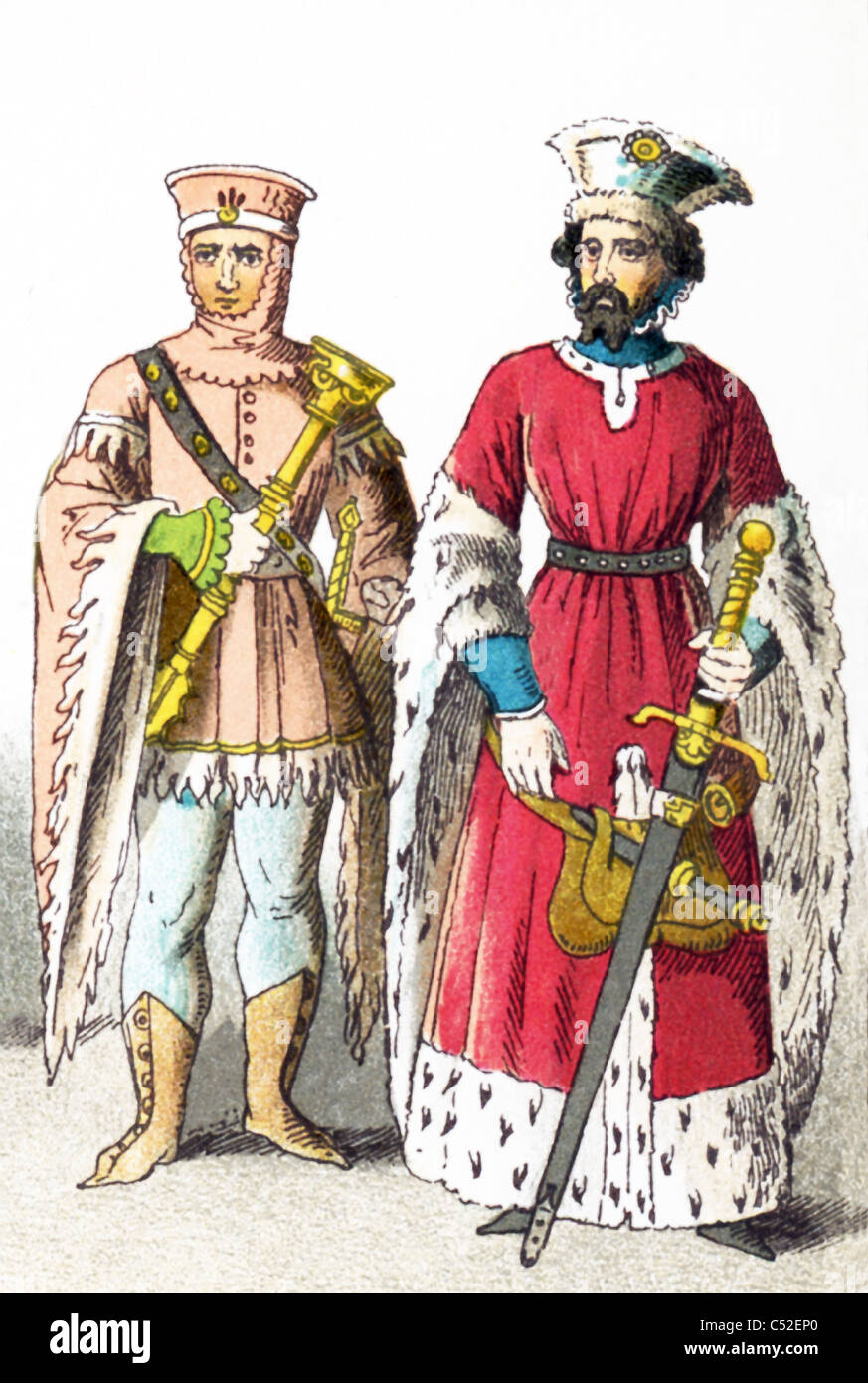 Le figure rappresentano un sergente francese a bracci, e il duca di Borgogna intorno A.D. 1300. L'illustrazione risale al 1882. Foto Stock