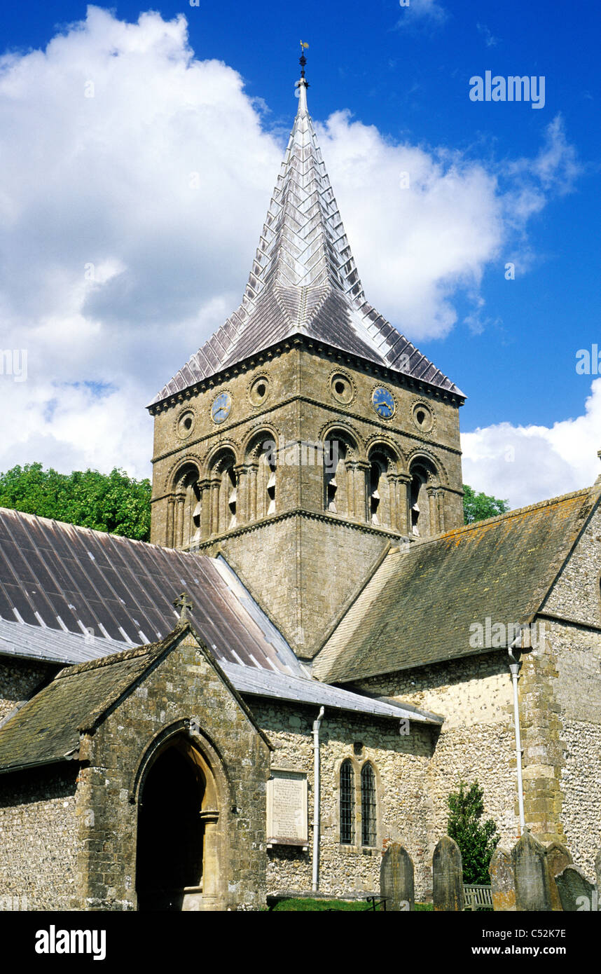 East Meon, Chiesa di Tutti i Santi, Hampshire Inghilterra Inglese Regno Unito chiese Meon Valley centrale torre normanna Foto Stock