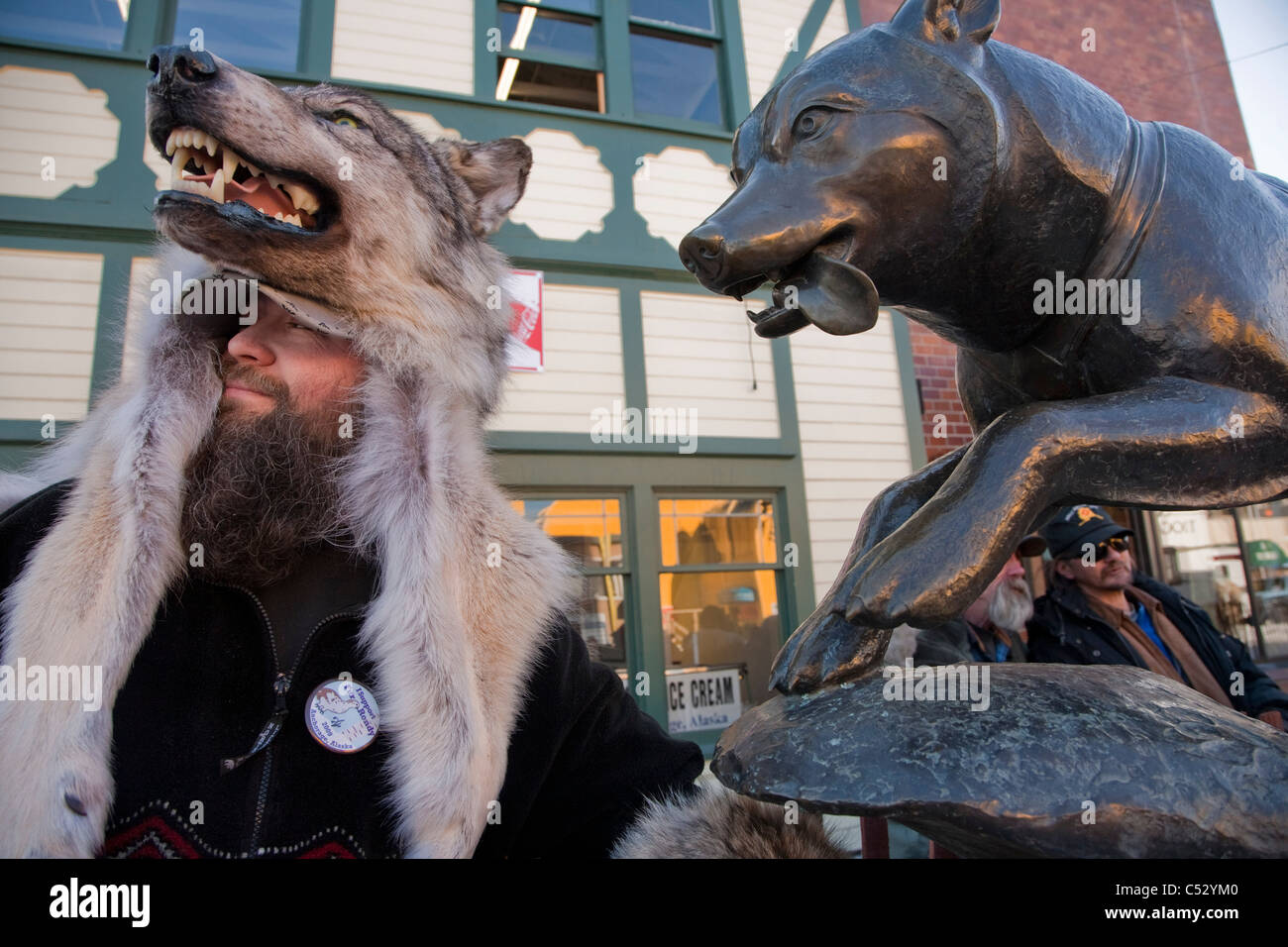 Uomo che indossa un cappello lupo sorge accanto alla statua di bronzo di un Sled Dog nel centro cittadino di Anchorage durante la pelliccia Rendezvous, Alaska, inverno Foto Stock