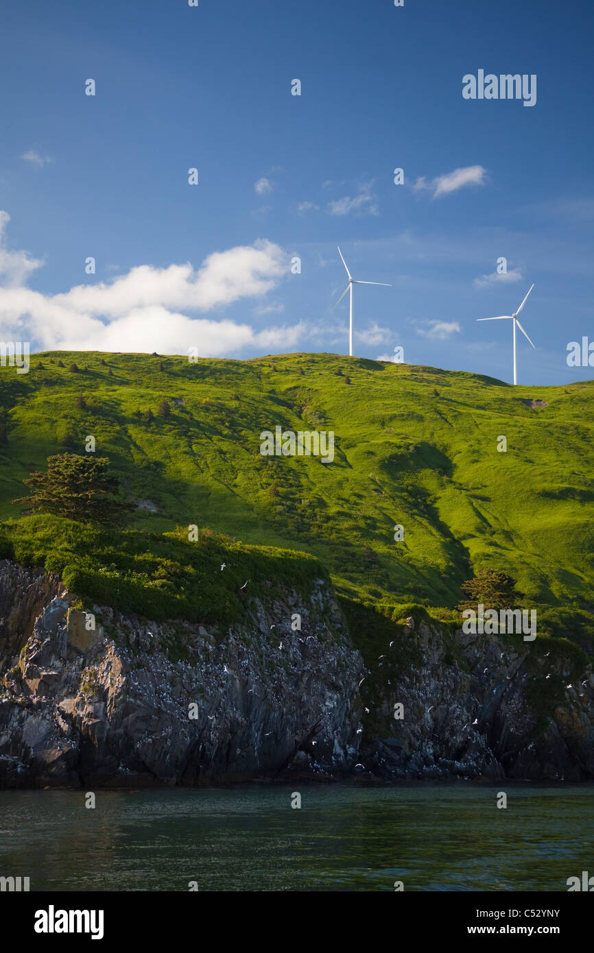 Pilastro montagna progetto Wind Turbine eoliche stand sul pilastro montagna sull isola di Kodiak, Southwest Alaska, estate Foto Stock