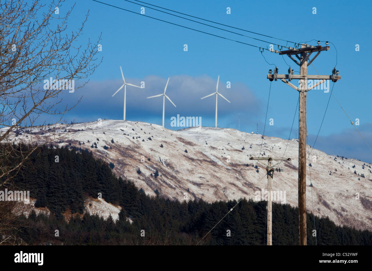 Pilastro montagna progetto Wind Turbine eoliche, Kodiak Island con poli elettrici e linee in primo piano, Alaska Foto Stock