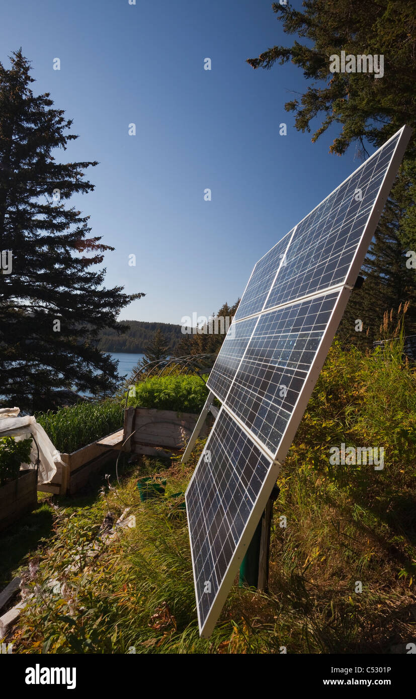 Close up di pannelli solari installati in prossimità di un quartiere residenziale log cabin lungo il litorale, Kodiak Isola Arcipelago, Alaska Foto Stock