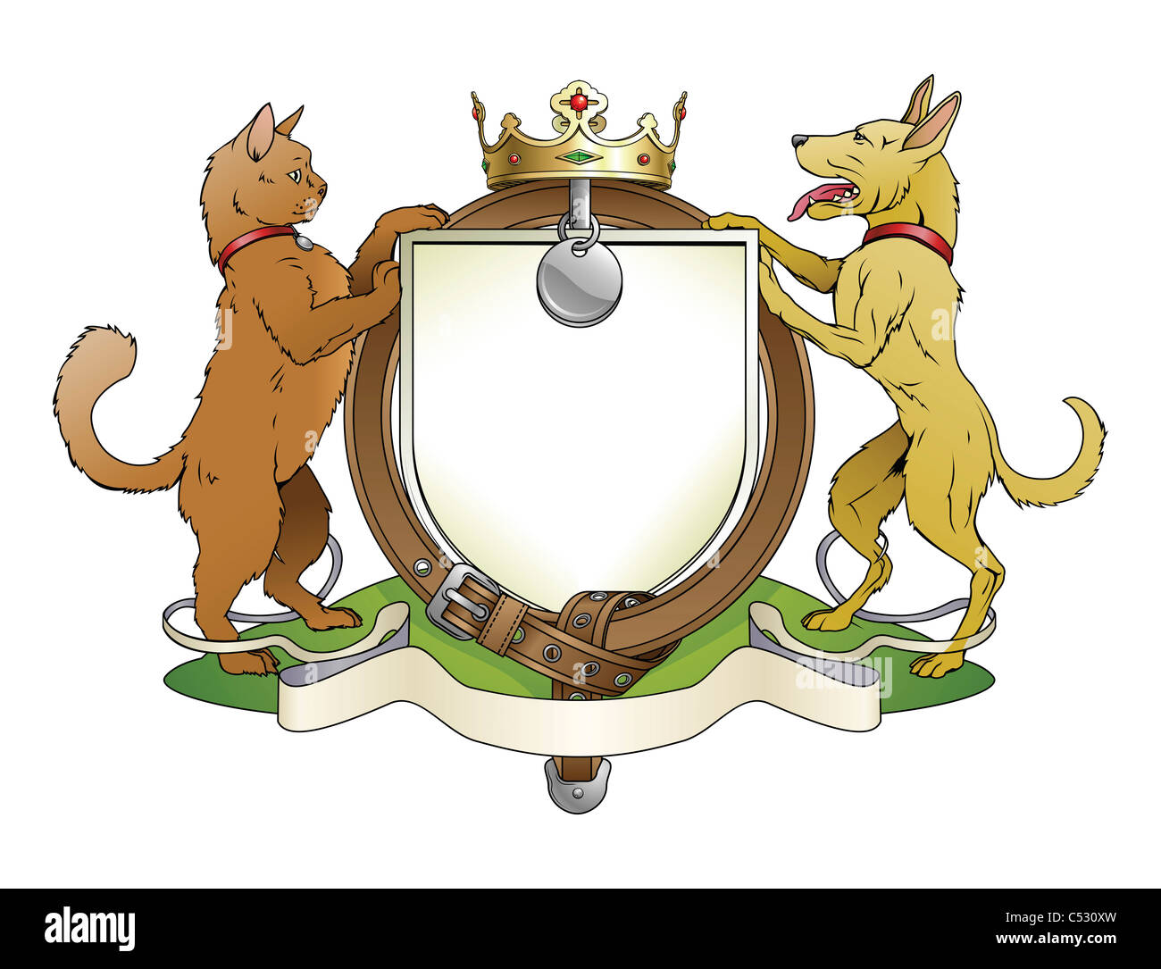 Di cane e di gatto animali domestici scudo araldico stemma. Notate il collare invece della Giarrettiera. Foto Stock