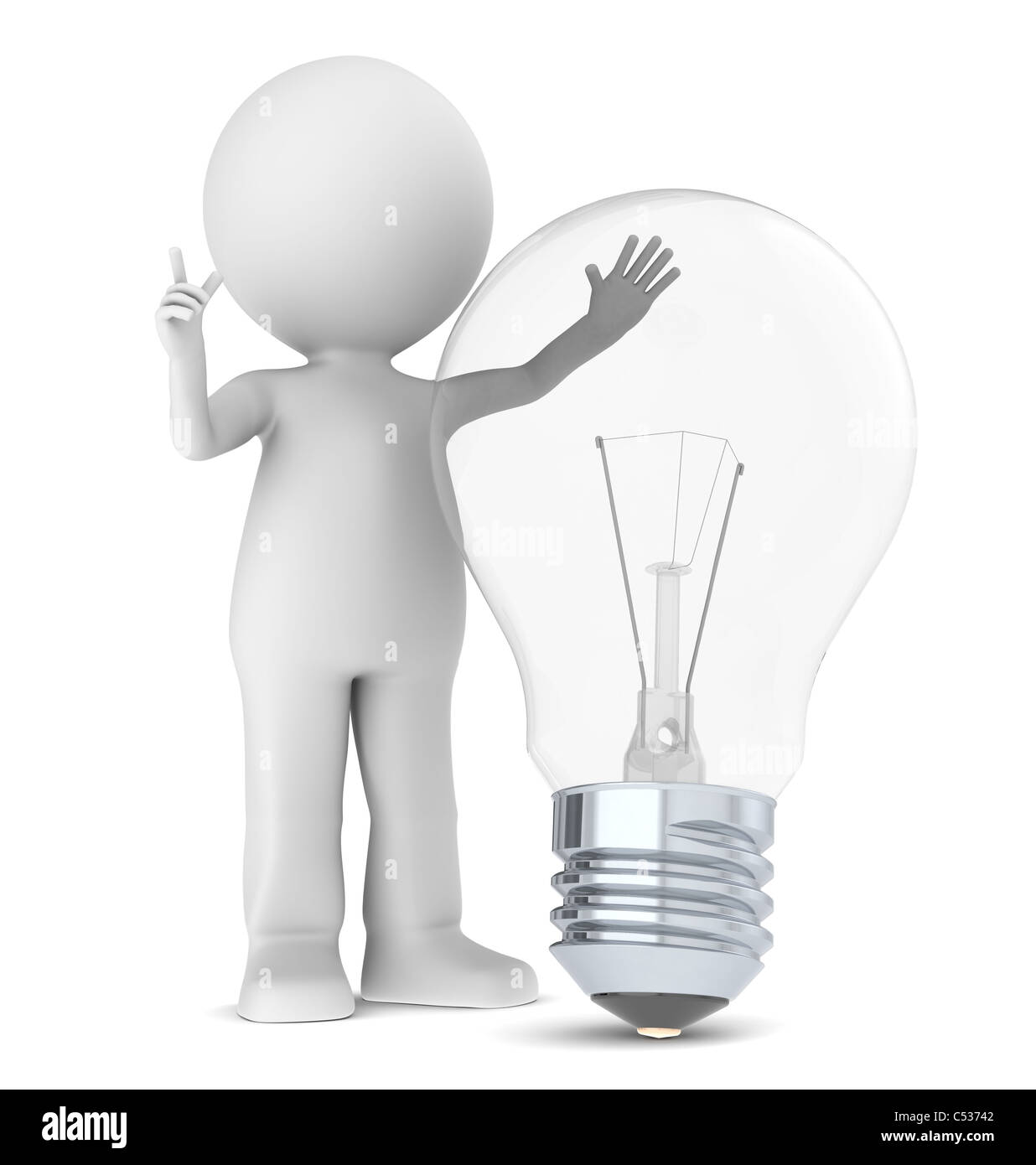 3d piccolo essere umano con una lampadina Foto Stock