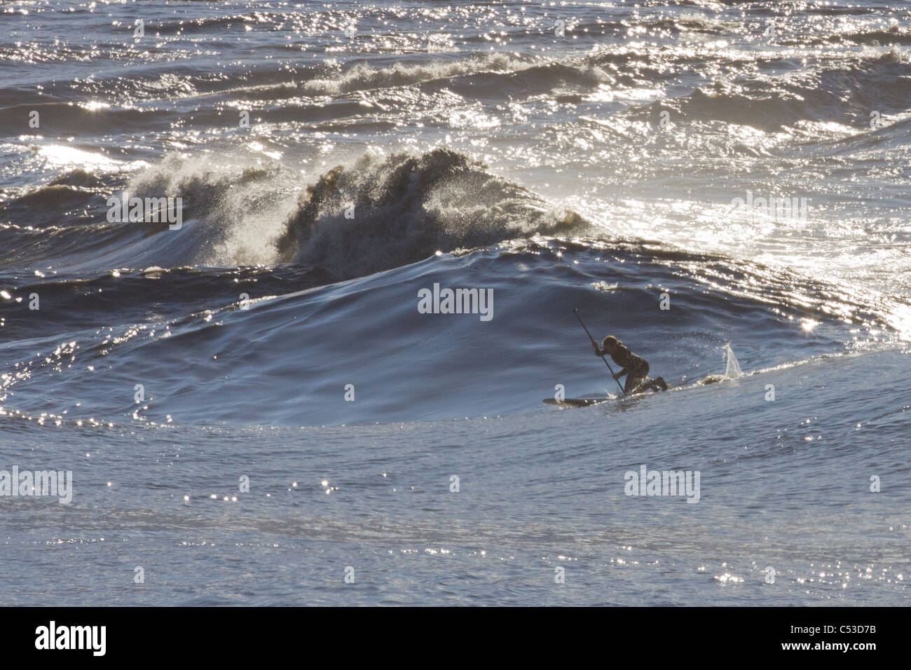 Un surfista si prepara a cavalcare un foro grande marea nei pressi di miglio 81 della Seward Highway, centromeridionale Alaska, estate Foto Stock