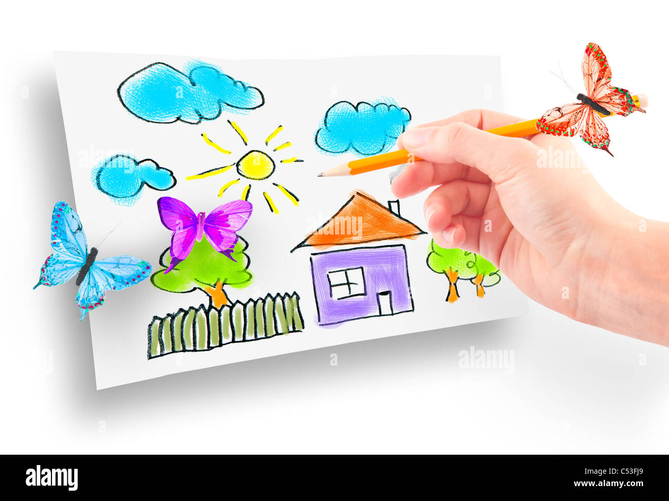 Donna Di Mano Con La Matita E Pennelli Disegno Della Casa Da
