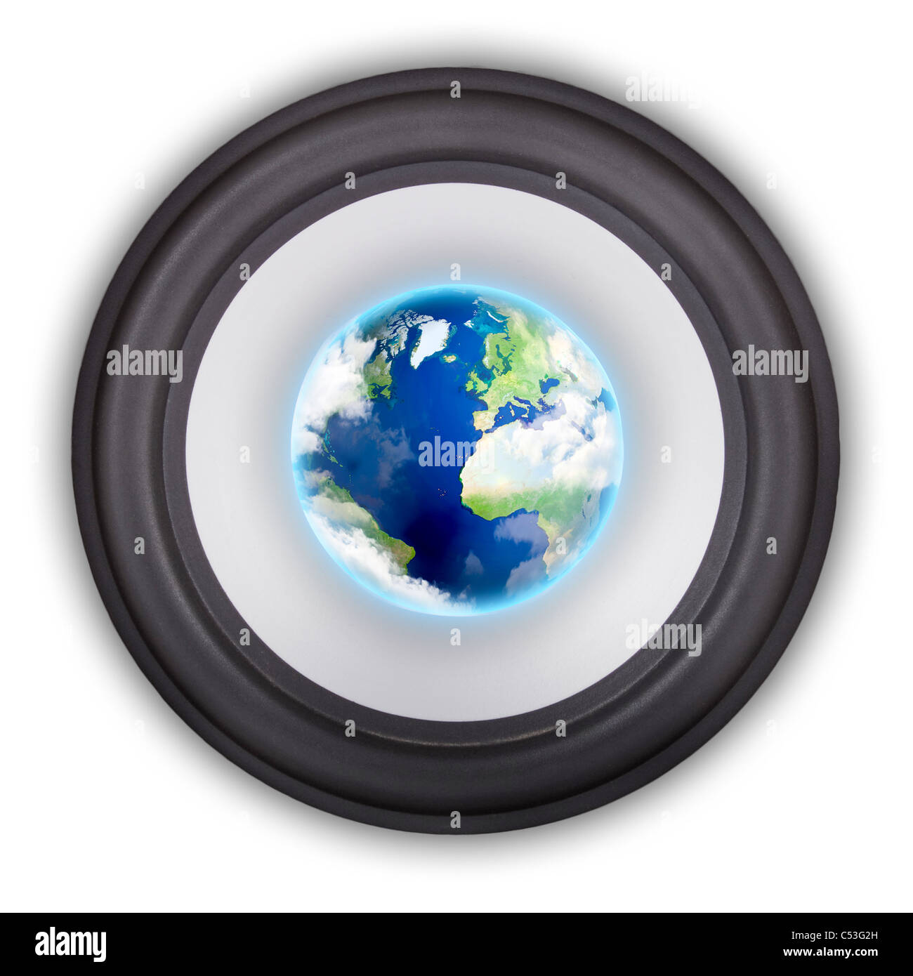 Altoparlante di musica con un globo nel centro. Simbolo della musica a livello globale Foto Stock