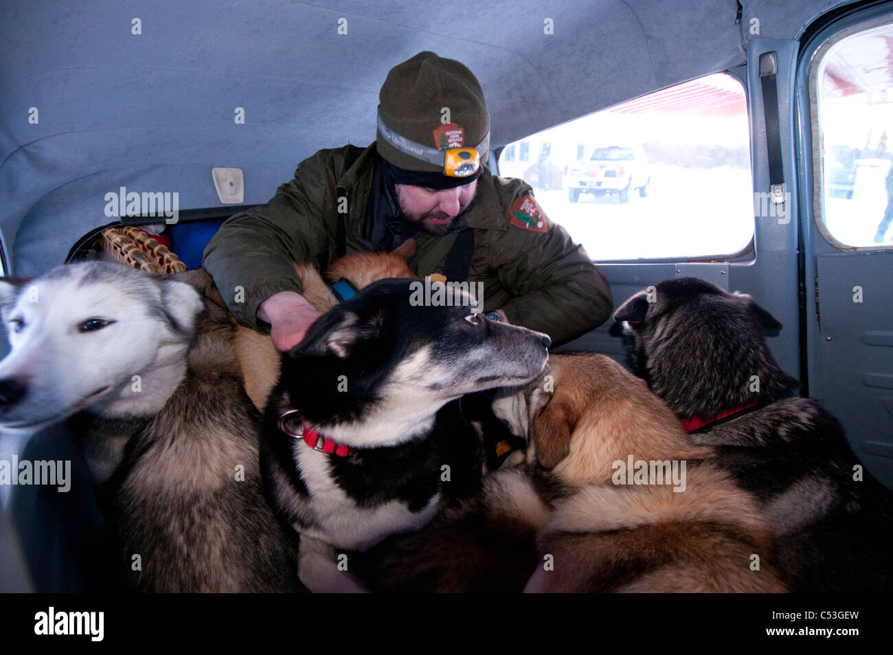 Parco nazionale di servizio carichi di Ranger il suo cane il team in un piano nei cancelli dell'Artico Parco Nazionale , Alaska Foto Stock