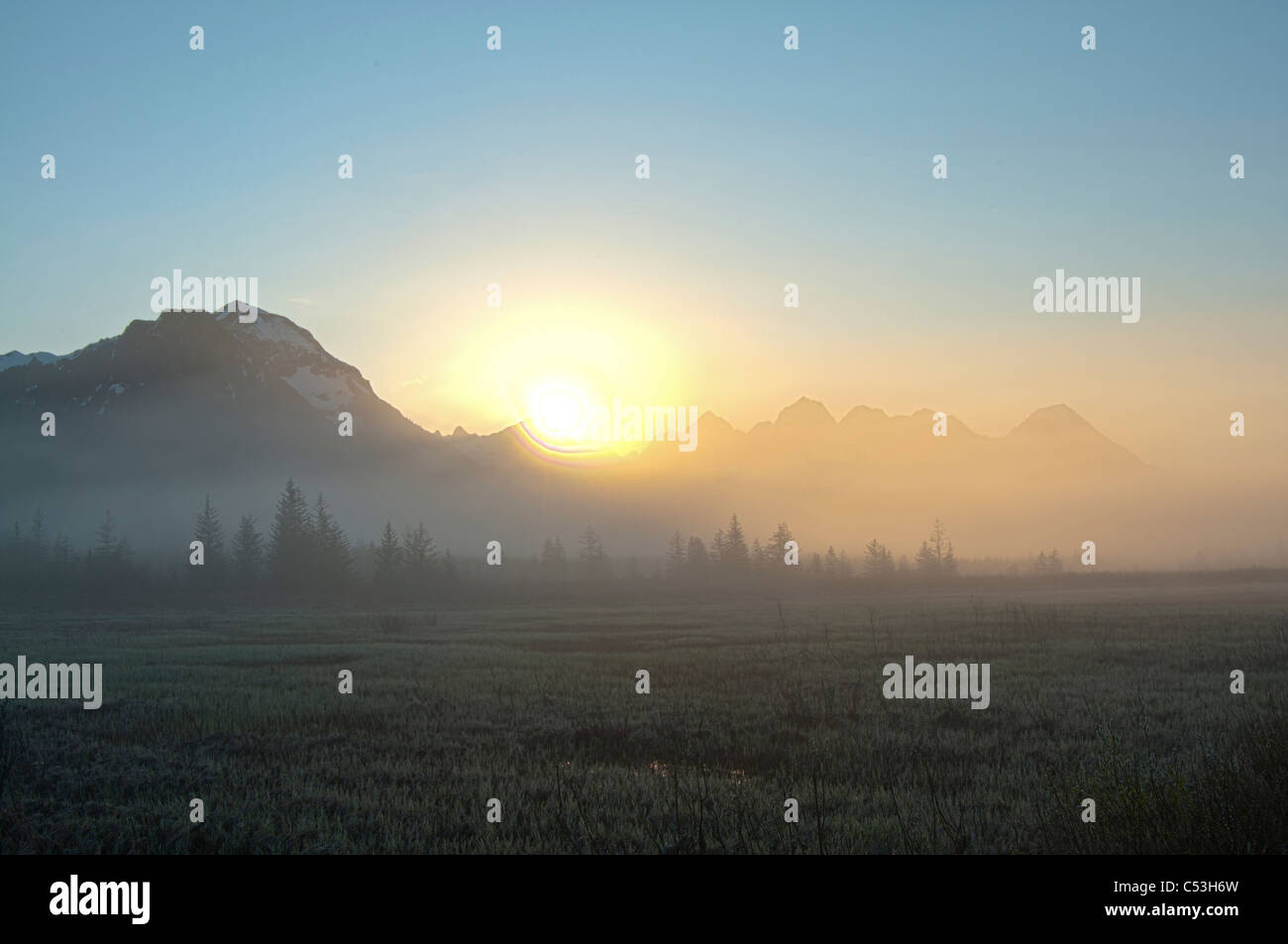 Nebbia di mattina si blocca sul terreno vicino al fiume di rame autostrada, sunrise, Chugach Mountains, Chugach National Forest, Alaska Foto Stock