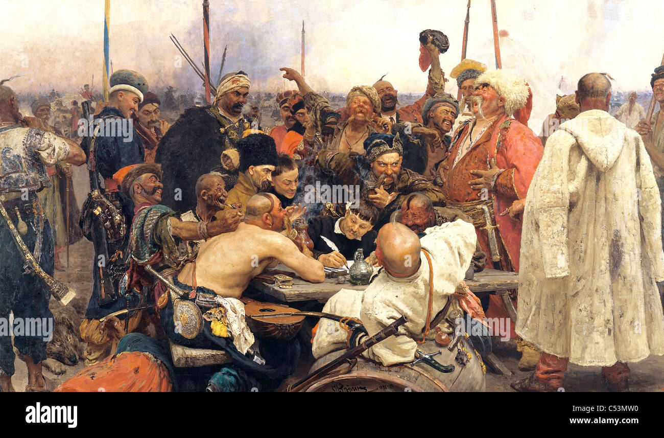 La risposta dei Cosacchi ZAPOROZHIAN A SULTAN MEHEMED IV dipinta da Ilya Repin nel 1891 ora nel Museo Russo Statale Foto Stock