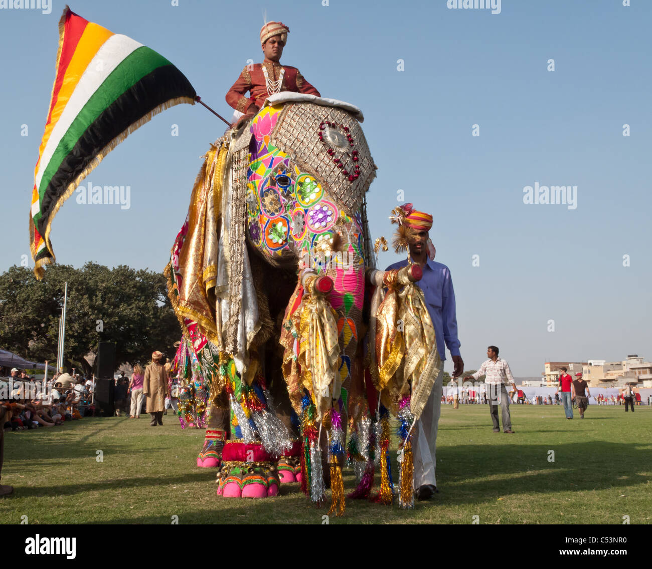 Verniciato colorato elefanti e gli artisti interpreti o esecutori parade per l'annuale festival di elefante su Marzo 10, 2009 a Jaipur, India Foto Stock
