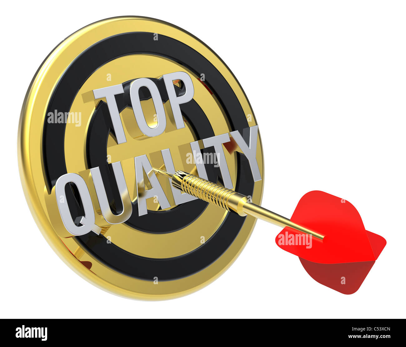 Dart rosso su un bersaglio di oro con il testo su di esso. Il concetto del controllo di qualità. Foto Stock
