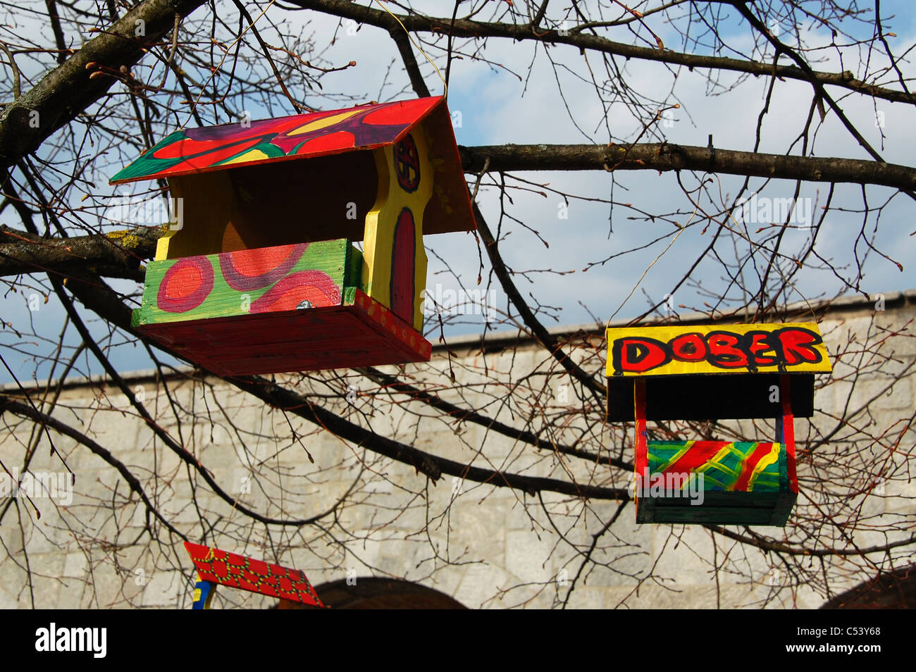 Due / colorate in legno colorato birdhouses appesi ad un albero sfrondato. Foto Stock