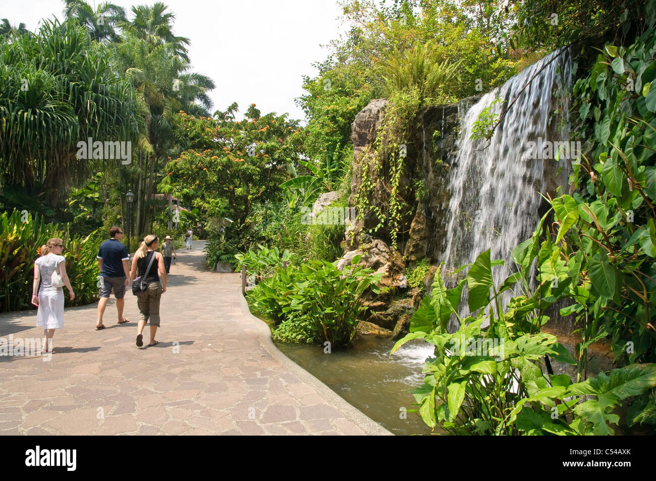 I visitatori a una cascata, Singapore Botanic Gardens, Singapore, Sud-est asiatico, in Asia Foto Stock