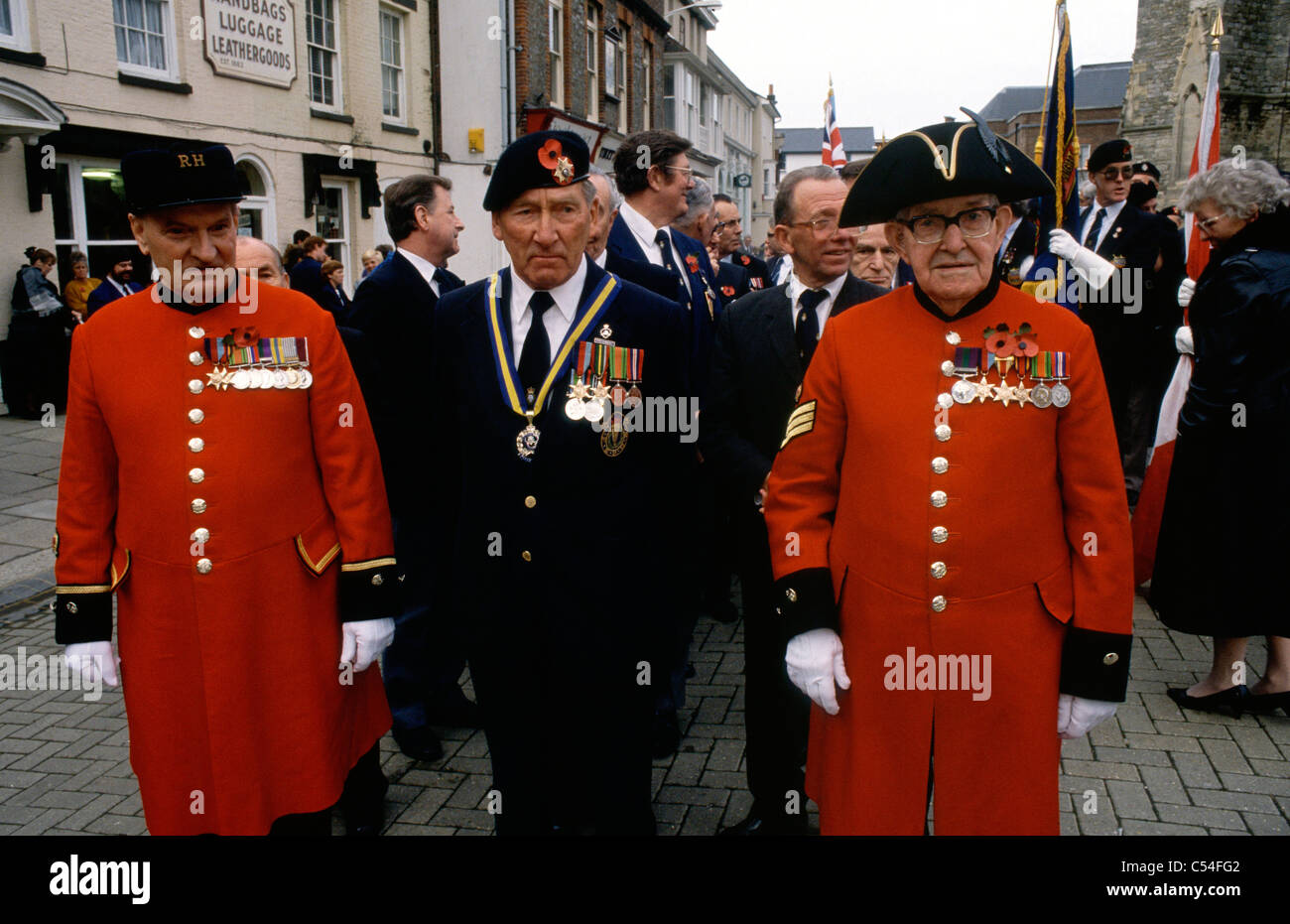 World War, WW,,1,2 ,Veterans, Chelsea Pensioners, Remembrance Sunday, 1991, Newport, Isola di Wight, Inghilterra, Regno Unito, fotogiornalismo Foto Stock