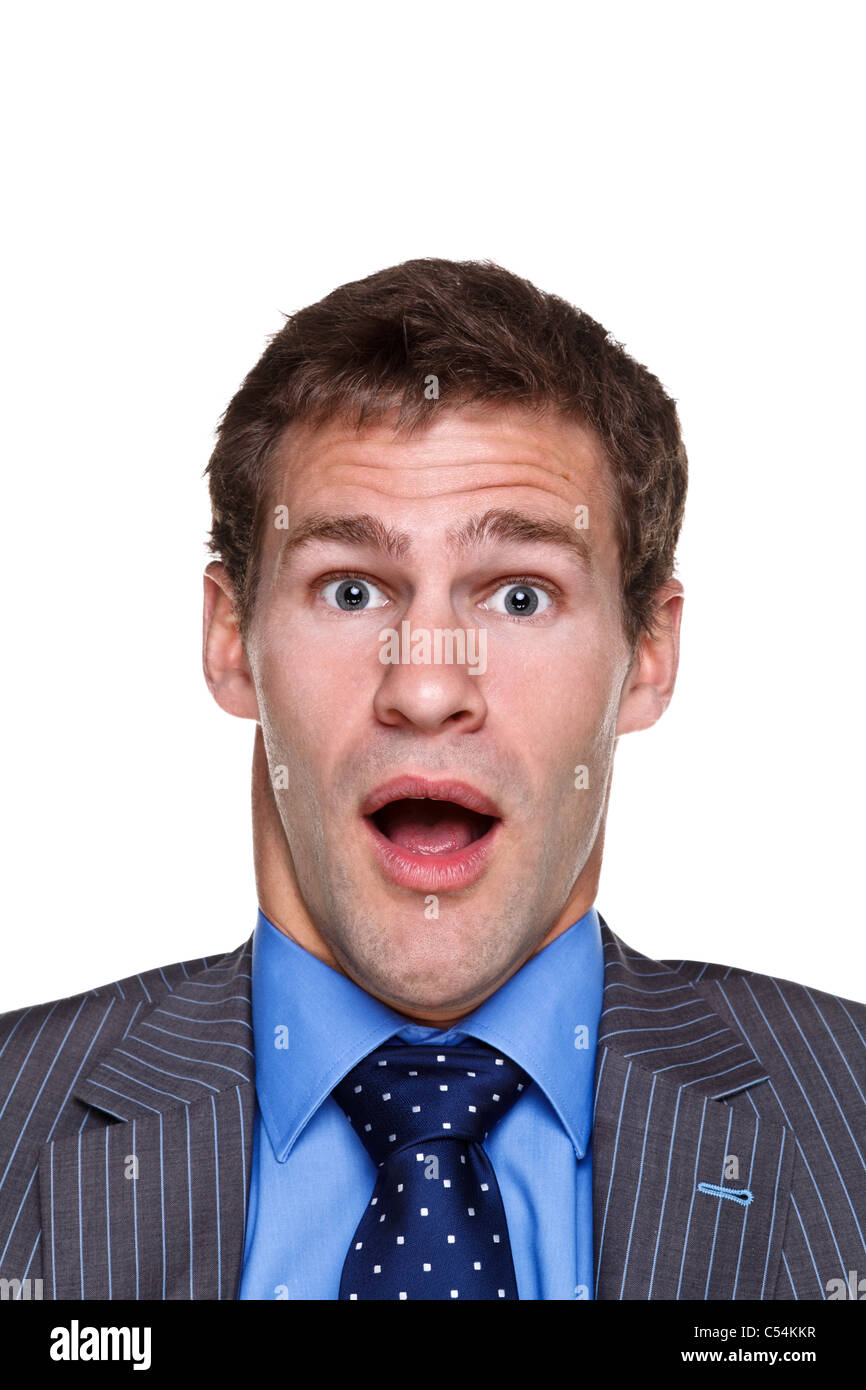 Foto di un imprenditore con un scioccato,l'espressione sul suo volto, headshot isolato su uno sfondo bianco. Parte di una serie. Foto Stock