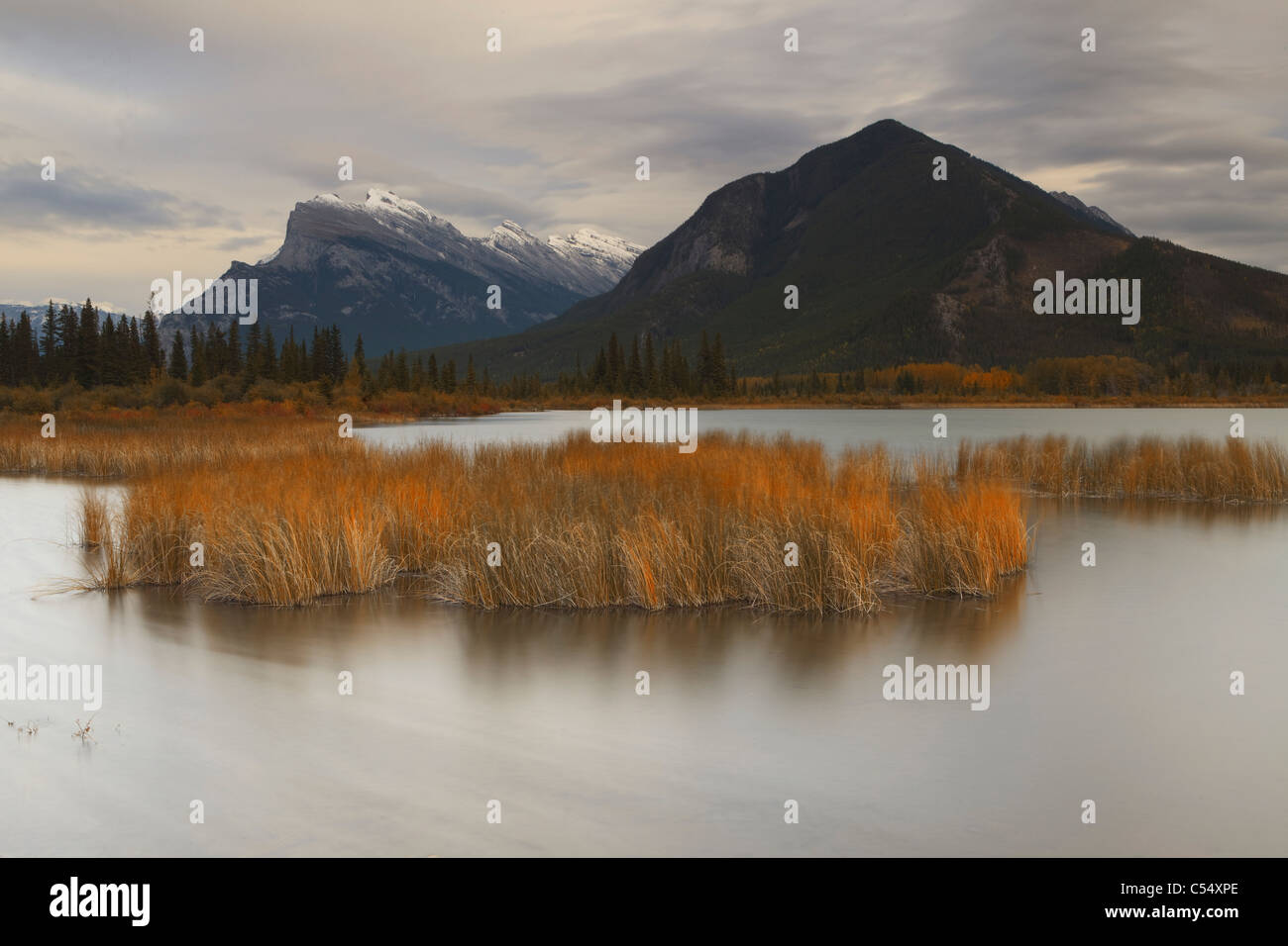 Lago di fronte montagne, Mt Rundle, il Parco Nazionale di Banff, Alberta, Canada Foto Stock