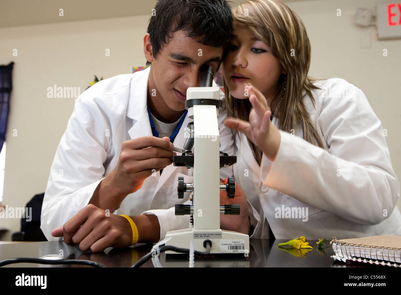 Ispanico un ragazzo e una ragazza indossare camici da laboratorio mentre usando microscopio nella classe di biologia in corrispondenza dello stelo primi college di alta scuola in Pharr Texas Foto Stock