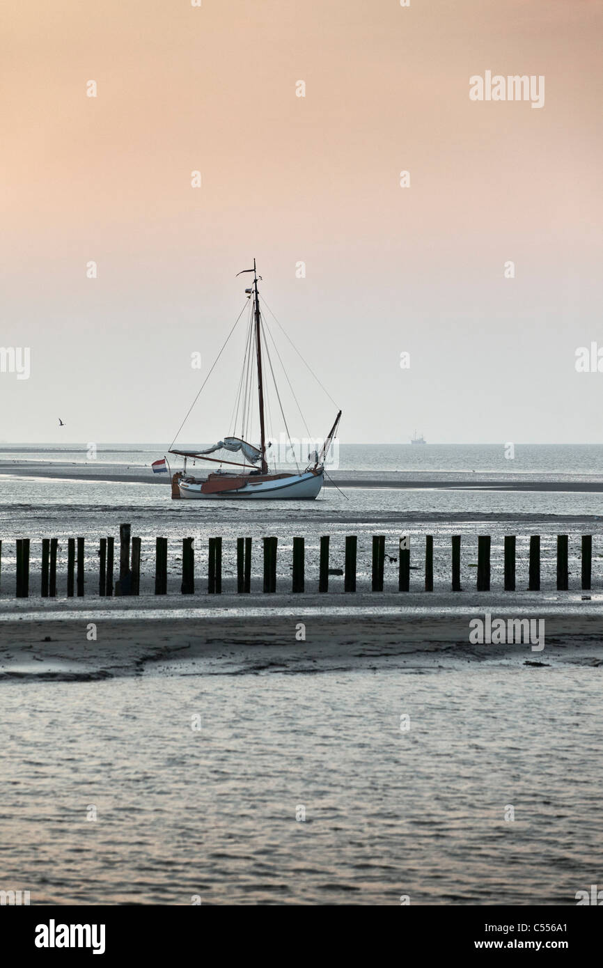 I Paesi Bassi, il Nes Ameland, Isola, appartenente al mare di Wadden Islands. Imbarcazione a vela sulla piana di fango nel porto. Foto Stock