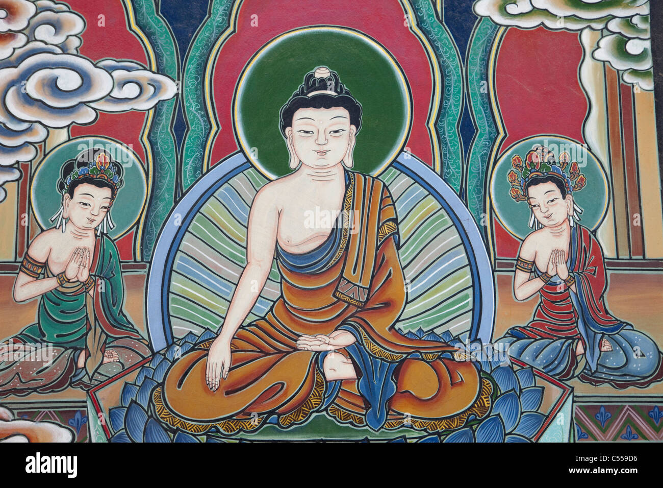 Il murale raffigurante la vita di Buddha, il tempio Jogyesa, Seoul, Corea del Sud Foto Stock