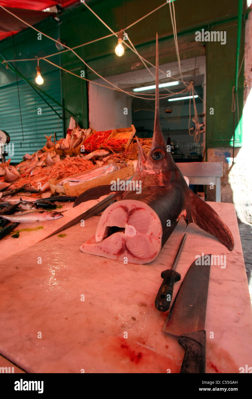 Supporto di pesce in un mercato, Grecia Foto Stock